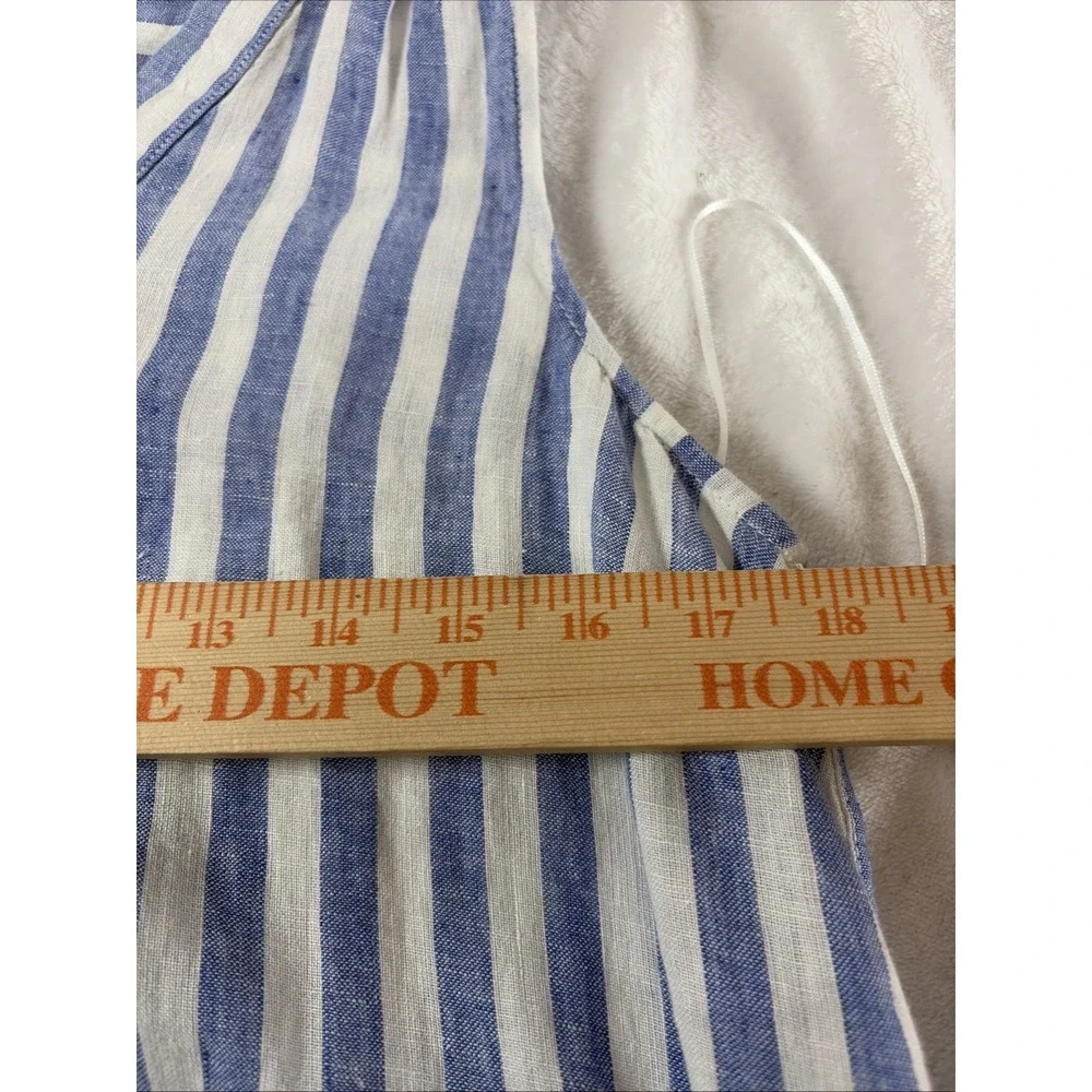 Nicole Miller 100% Linen V-Neck Dress Blue White Striped Popover Nautical Resort - Picture 8 of 10